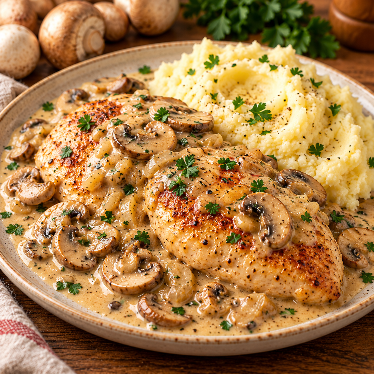 Poulet crémeux à la moutarde et aux champignons dans une sauce onctueuse, servi chaud avec du thym frais.