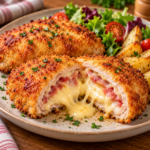 Cordon-bleu de poulet pané, garni de bacon et de raclette fondante, coupé en deux pour révéler un cœur coulant.