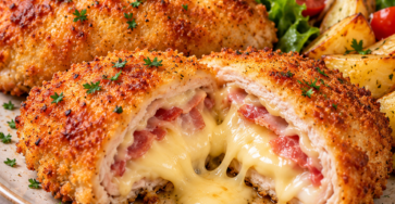 Cordon-bleu de poulet pané, garni de bacon et de raclette fondante, coupé en deux pour révéler un cœur coulant.