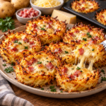 Nids de pommes de terre râpées croustillants, garnis de lardons dorés et de fromage à raclette fondant, cuits dans des moules à muffins.