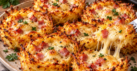 Nids de pommes de terre râpées croustillants, garnis de lardons dorés et de fromage à raclette fondant, cuits dans des moules à muffins.