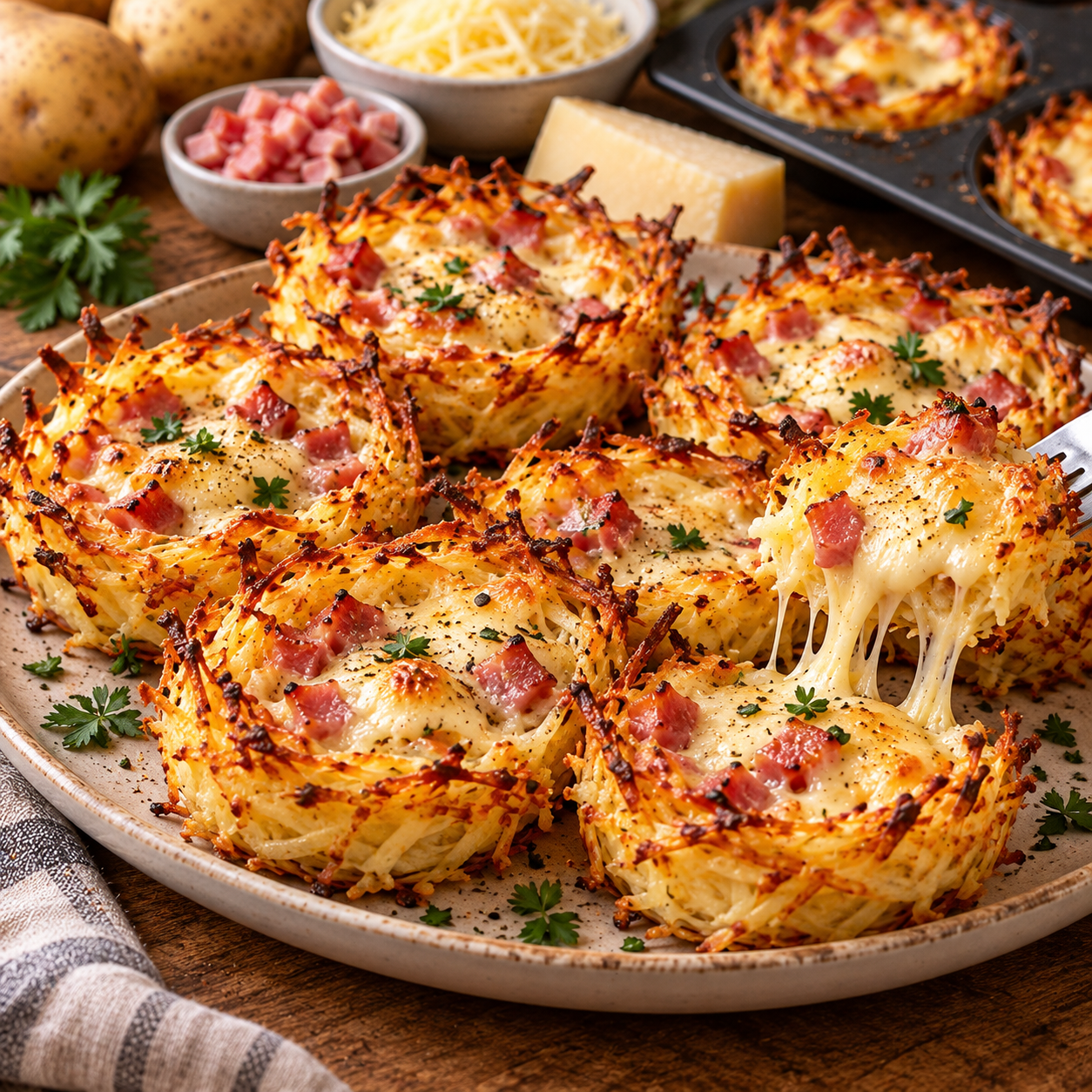 Nids de pommes de terre râpées croustillants, garnis de lardons dorés et de fromage à raclette fondant, cuits dans des moules à muffins.