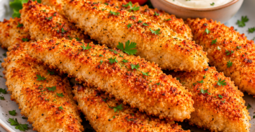 Aiguillettes de poulet panées croustillantes et dorées à la poêle, servies chaudes avec une chapelure bien colorée.
