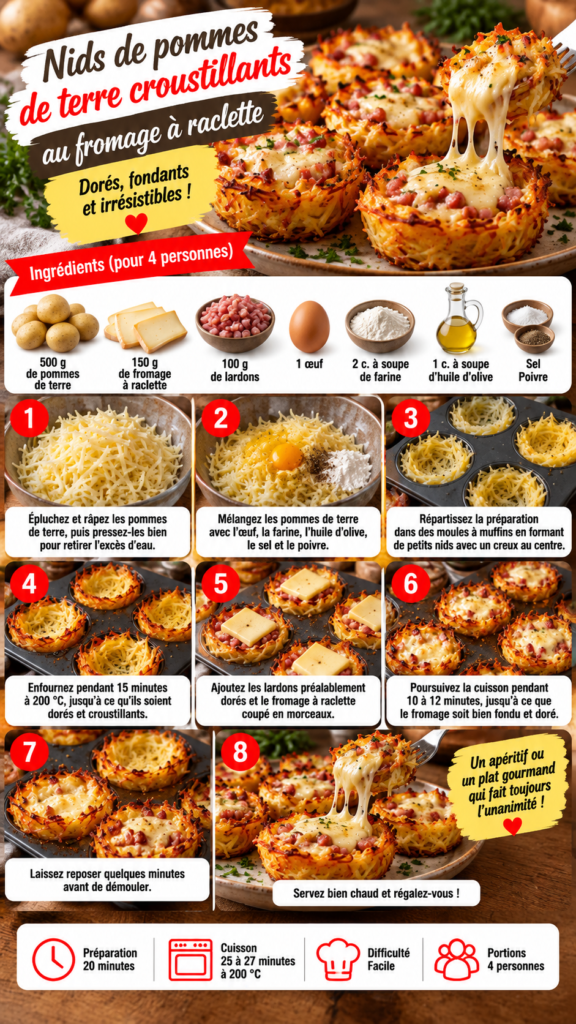 Nids de pommes de terre râpées croustillants, garnis de lardons dorés et de fromage à raclette fondant, cuits dans des moules à muffins.
