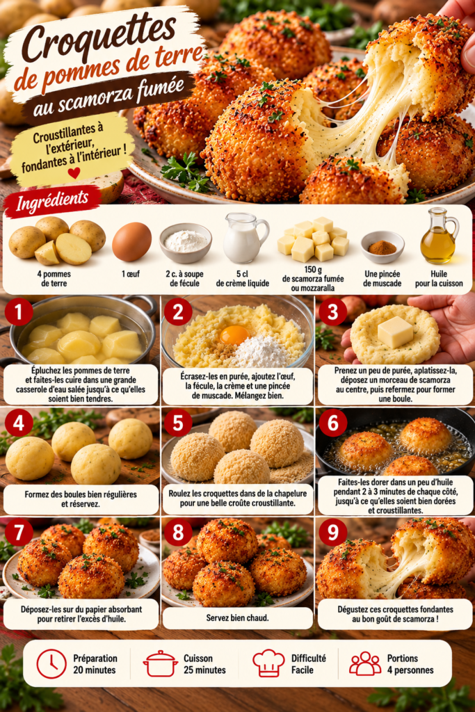 Croquettes de pommes de terre dorées et croustillantes ouvertes en deux, avec un cœur coulant de scamorza fumée et une purée fondante.