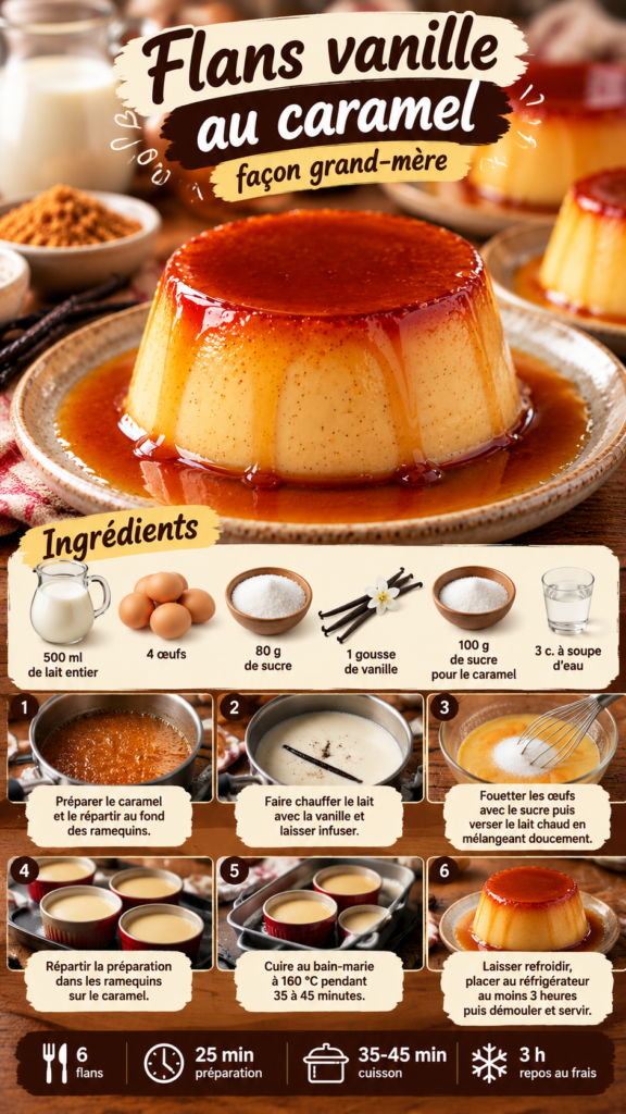Flans vanille au caramel façon grand-mère, démoulés dans de petites assiettes blanches, avec une texture lisse et fondante, une belle couleur dorée et une généreuse sauce caramel ambrée.