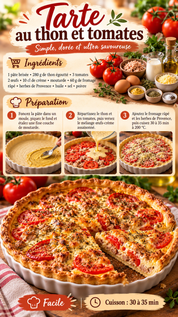 Tarte au thon et tomates bien dorée, garnie de moutarde, crème, fromage râpé et herbes de Provence.