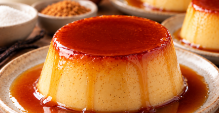 Flans vanille au caramel façon grand-mère, démoulés dans de petites assiettes blanches, avec une texture lisse et fondante, une belle couleur dorée et une généreuse sauce caramel ambrée.