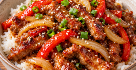 Poêlée de porc caramélisé au miel et à la sauce soja avec poivron, oignon et gingembre, servie chaude avec du riz.