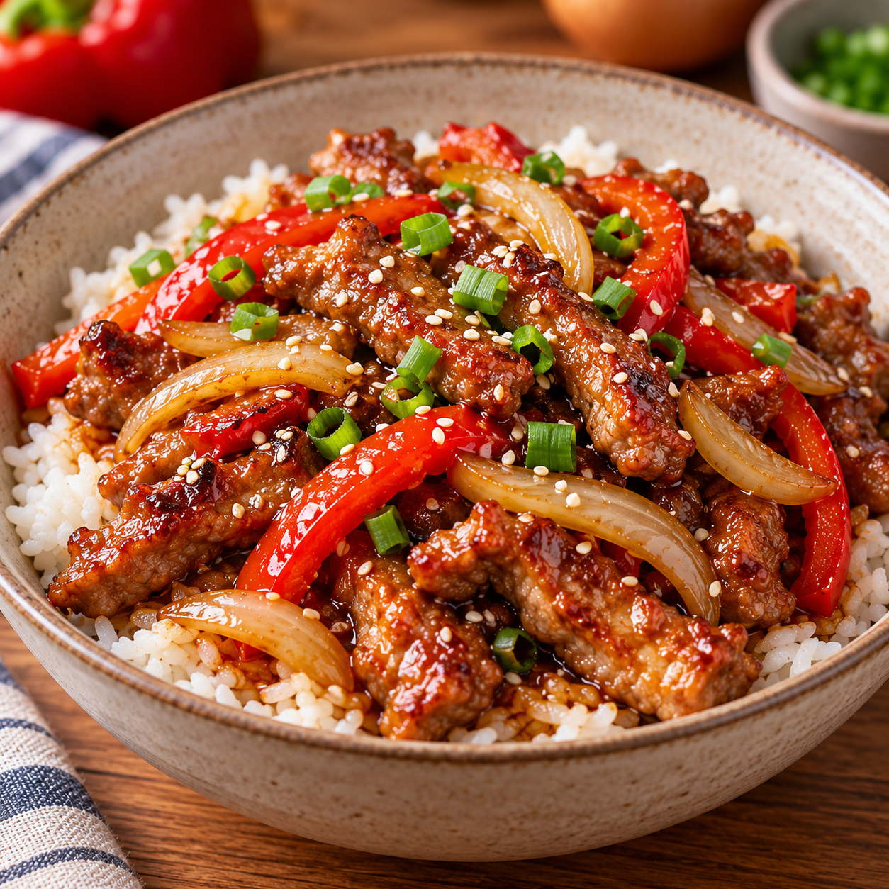 Poêlée de porc caramélisé au miel et à la sauce soja avec poivron, oignon et gingembre, servie chaude avec du riz.