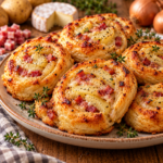 Roulés feuilletés façon tartiflette bien dorés, garnis de pommes de terre, lardons, oignon, crème et reblochon fondant.