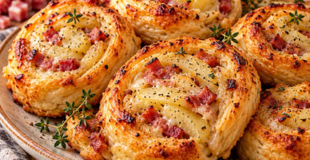 Roulés feuilletés façon tartiflette bien dorés, garnis de pommes de terre, lardons, oignon, crème et reblochon fondant.