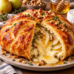 Feuilleté géant au brie, poires et miel, enveloppé dans une pâte feuilletée dorée et croustillante, garni de noix concassées, avec un cœur de fromage fondant visible à la découpe.