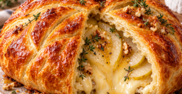 Feuilleté géant au brie, poires et miel, enveloppé dans une pâte feuilletée dorée et croustillante, garni de noix concassées, avec un cœur de fromage fondant visible à la découpe.
