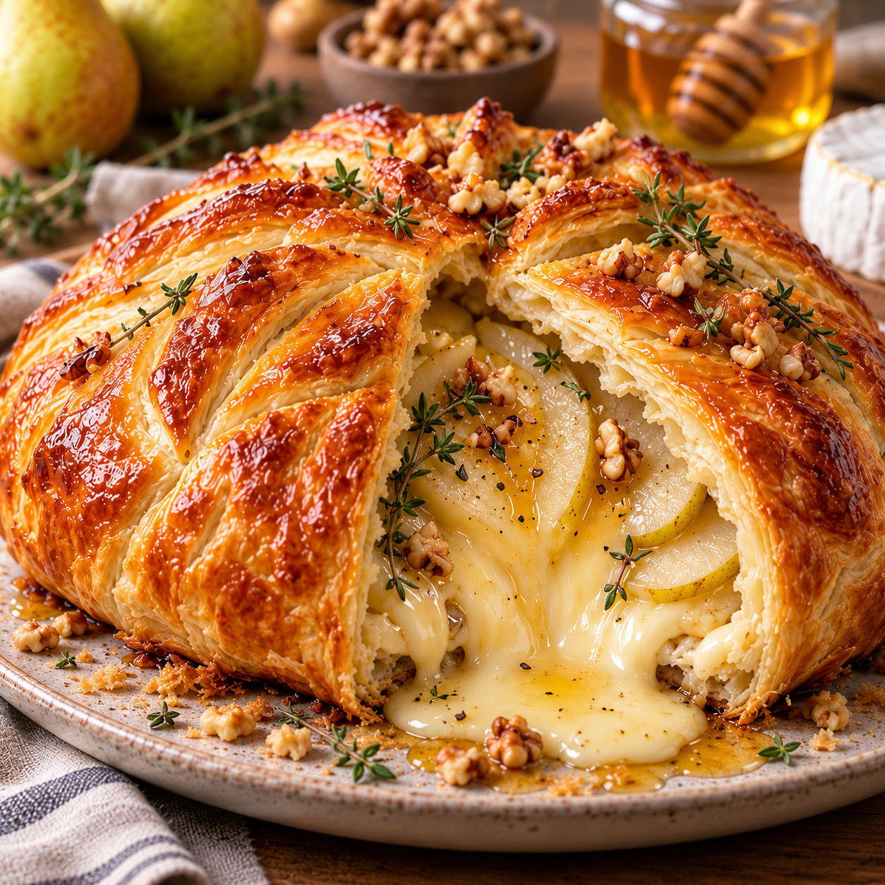Feuilleté géant au brie, poires et miel, enveloppé dans une pâte feuilletée dorée et croustillante, garni de noix concassées, avec un cœur de fromage fondant visible à la découpe.