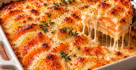 Gratin de butternut et pommes de terre en fines rondelles, nappé de crème et recouvert d’emmental fondu et bien doré.