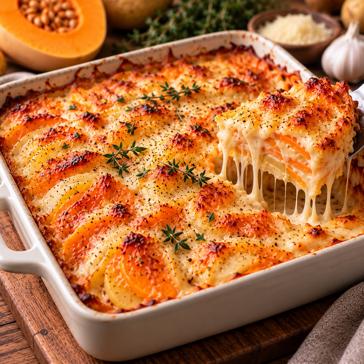 Gratin de butternut et pommes de terre en fines rondelles, nappé de crème et recouvert d’emmental fondu et bien doré.
