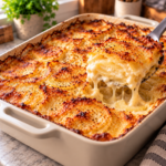 Gratin dauphinois traditionnel bien doré, avec fines rondelles de pommes de terre fondantes dans une sauce crémeuse à l’ail.