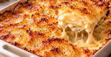 Gratin dauphinois traditionnel bien doré, avec fines rondelles de pommes de terre fondantes dans une sauce crémeuse à l’ail.