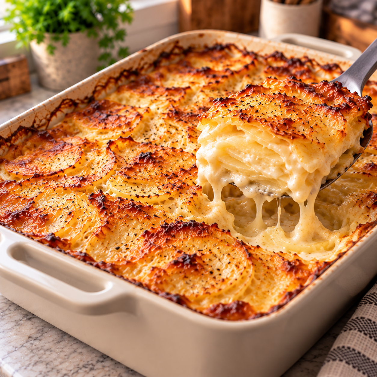 Gratin dauphinois traditionnel bien doré, avec fines rondelles de pommes de terre fondantes dans une sauce crémeuse à l’ail.