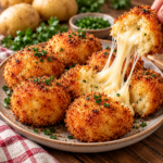 Croquettes de pommes de terre dorées et croustillantes ouvertes en deux, avec un cœur coulant de scamorza fumée et une purée fondante.