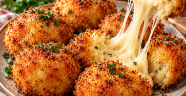 Croquettes de pommes de terre dorées et croustillantes ouvertes en deux, avec un cœur coulant de scamorza fumée et une purée fondante.