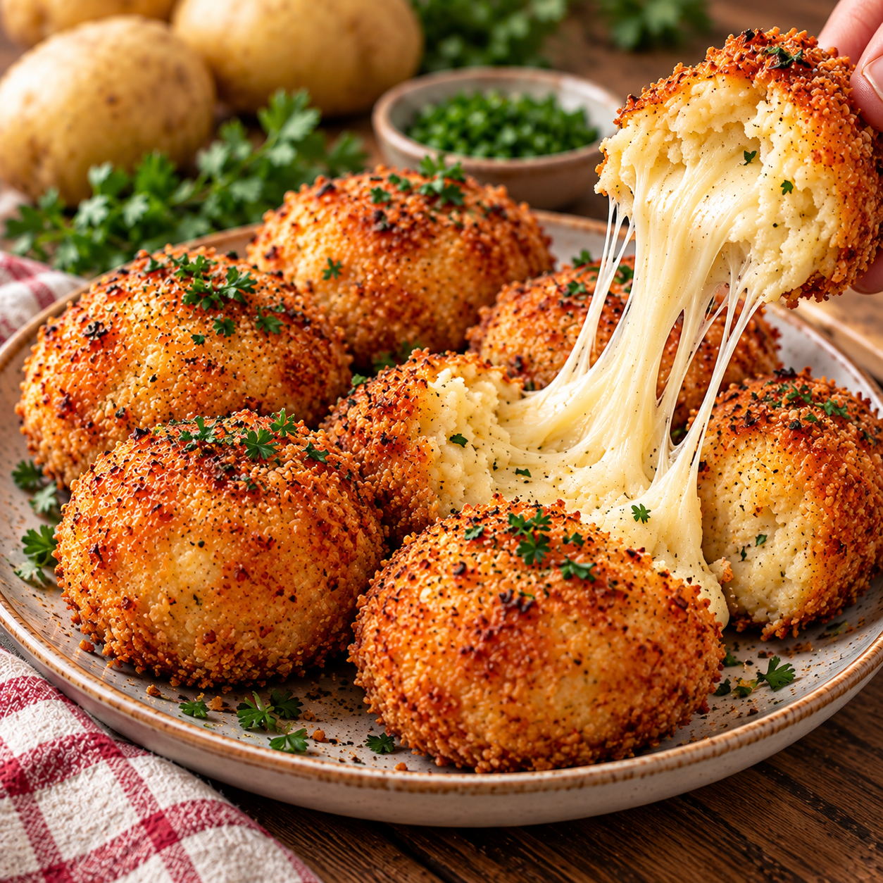 Croquettes de pommes de terre dorées et croustillantes ouvertes en deux, avec un cœur coulant de scamorza fumée et une purée fondante.