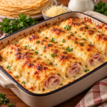 Crêpes salées roulées au jambon blanc, garnies de béchamel crémeuse et d'emmental fondu, disposées dans un plat à gratin avec une croûte de fromage dorée et croustillante.