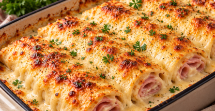 Crêpes salées roulées au jambon blanc, garnies de béchamel crémeuse et d'emmental fondu, disposées dans un plat à gratin avec une croûte de fromage dorée et croustillante.