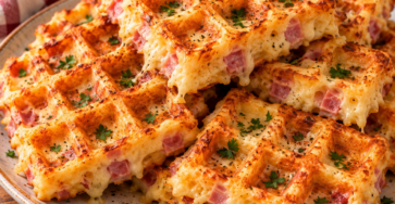 Gaufres salées maison au jambon et fromage râpé, dorées et croustillantes à l’extérieur, moelleuses à l’intérieur, servies sur une assiette avec une salade verte fraîche.
