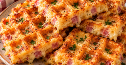 Gaufres salées maison au jambon et fromage râpé, dorées et croustillantes à l’extérieur, moelleuses à l’intérieur, servies sur une assiette avec une salade verte fraîche.