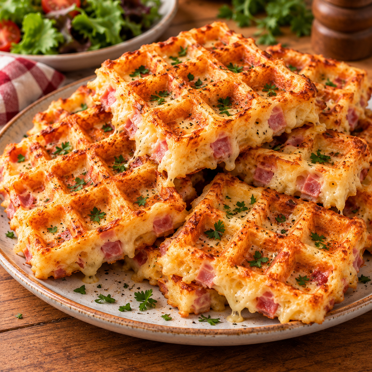 Gaufres salées maison au jambon et fromage râpé, dorées et croustillantes à l’extérieur, moelleuses à l’intérieur, servies sur une assiette avec une salade verte fraîche.