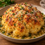 Chou-fleur entier rôti au four, recouvert de beurre à l’ail et de parmesan gratiné, avec une croûte dorée et croustillante, parsemé de persil frais dans un plat de cuisson.