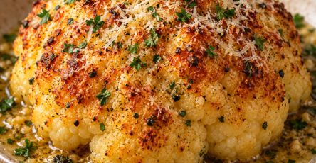 Chou-fleur entier rôti au four, recouvert de beurre à l’ail et de parmesan gratiné, avec une croûte dorée et croustillante, parsemé de persil frais dans un plat de cuisson.