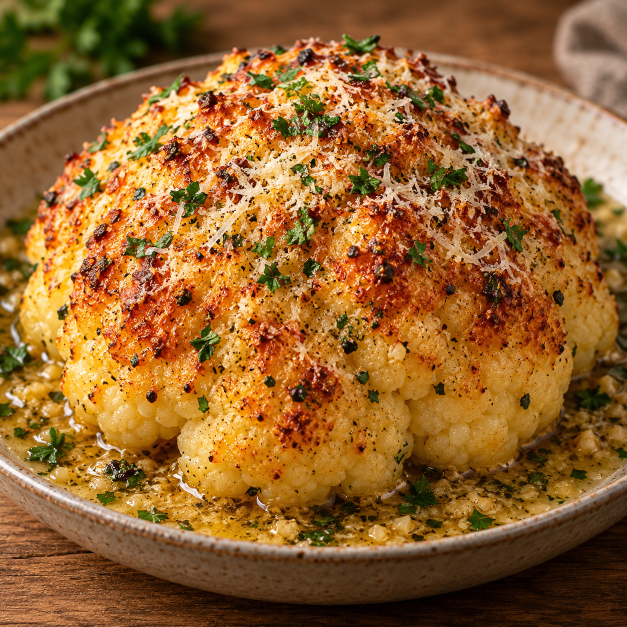 Chou-fleur entier rôti au four, recouvert de beurre à l’ail et de parmesan gratiné, avec une croûte dorée et croustillante, parsemé de persil frais dans un plat de cuisson.