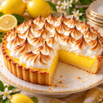Tarte au citron meringuée avec pâte sablée dorée, crème citron lisse et meringue légèrement caramélisée au chalumeau.