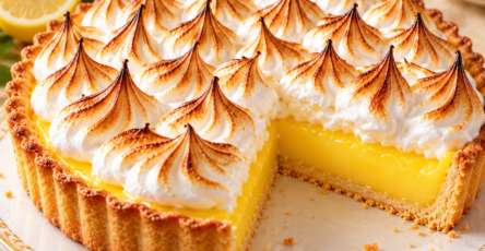 Tarte au citron meringuée avec pâte sablée dorée, crème citron lisse et meringue légèrement caramélisée au chalumeau.