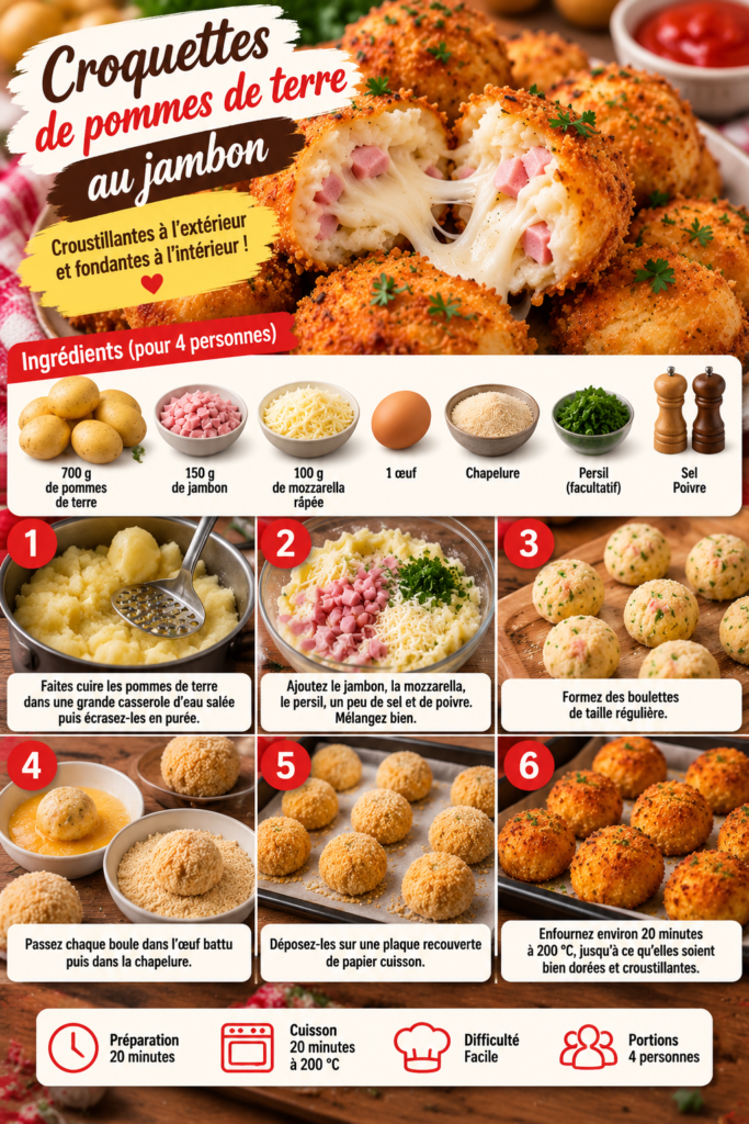 Croquettes de pommes de terre au jambon et mozzarella, dorées et croustillantes au four, servies bien chaudes.