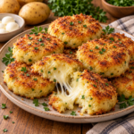 Galettes de pommes de terre dorées à la poêle, ouvertes sur un cœur de mozzarella fondante, avec parmesan, ail et persil.