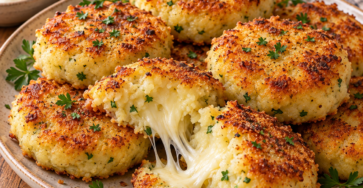 Galettes de pommes de terre dorées à la poêle, ouvertes sur un cœur de mozzarella fondante, avec parmesan, ail et persil.