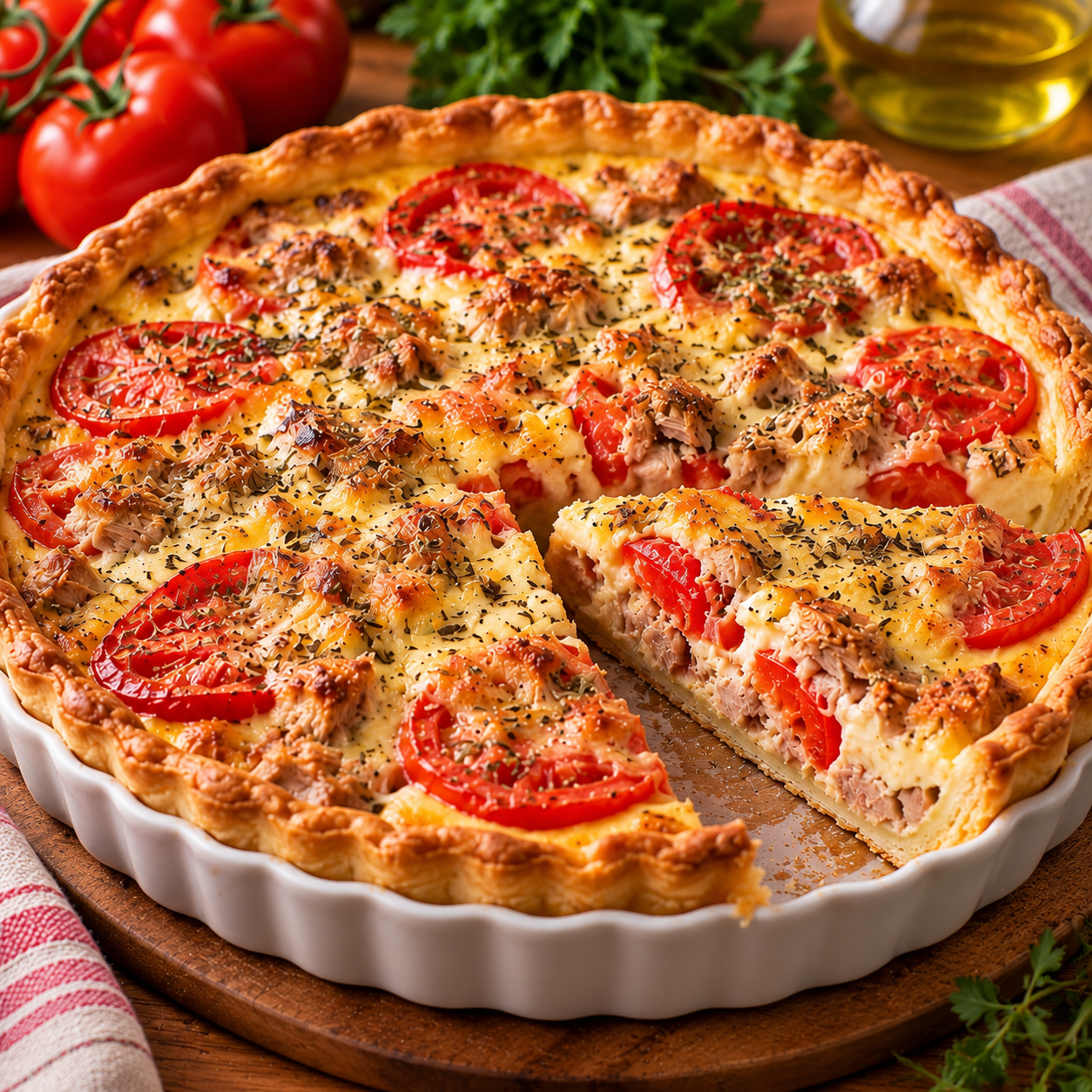 Tarte au thon et tomates bien dorée, garnie de moutarde, crème, fromage râpé et herbes de Provence.
