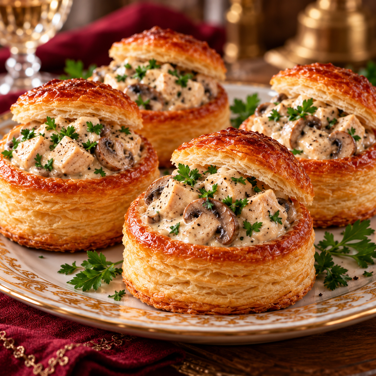 Bouchées à la reine maison garnies de morceaux de poulet tendre, de champignons émincés et d'une sauce crémeuse, servies dans des feuilletés dorés et croustillants, parsemés de persil frais.