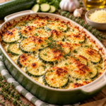 Gratin de courgettes doré au four, avec rondelles de courgettes fondantes, crème, œufs, ail et fromage gratiné.