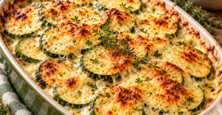 Gratin de courgettes doré au four, avec rondelles de courgettes fondantes, crème, œufs, ail et fromage gratiné.