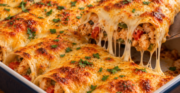 Tacos gratinés au poulet garnis de poivron, cheddar et béchamel, recouverts de fromage fondu et doré au four.