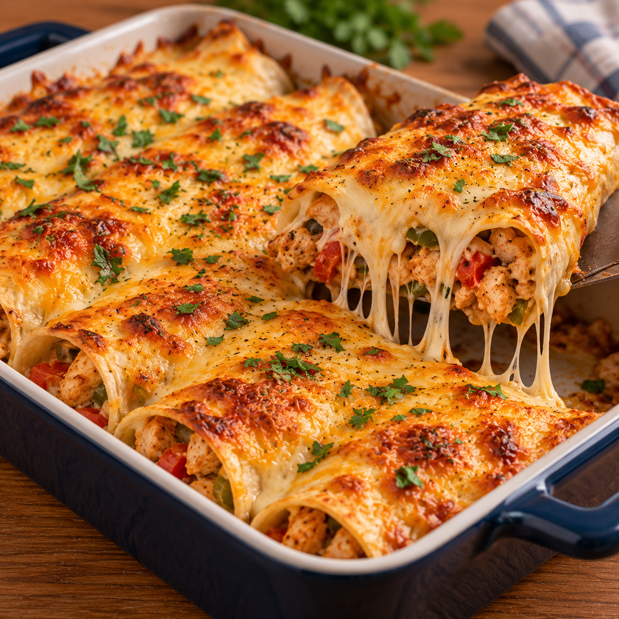 Tacos gratinés au poulet garnis de poivron, cheddar et béchamel, recouverts de fromage fondu et doré au four.