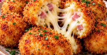 Croquettes de pommes de terre au jambon et mozzarella, dorées et croustillantes au four, servies bien chaudes.