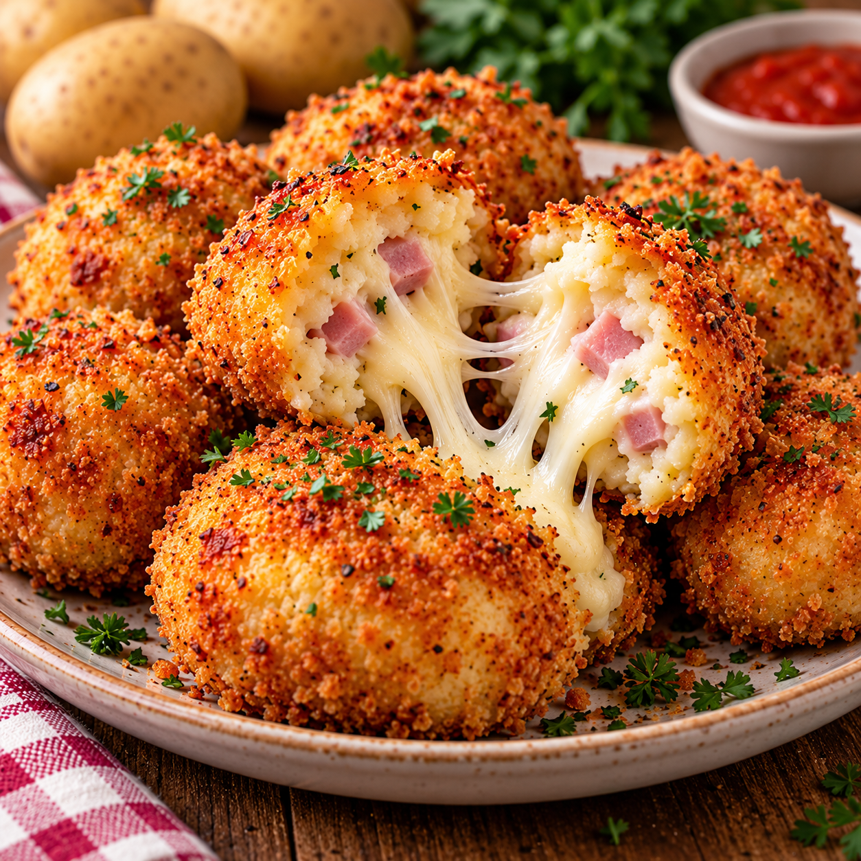 Croquettes de pommes de terre au jambon et mozzarella, dorées et croustillantes au four, servies bien chaudes.