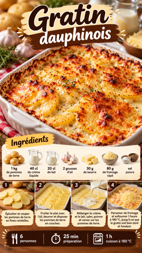 Gratin dauphinois maison dans un plat à gratin, composé de fines rondelles de pommes de terre fondantes, nappées de crème onctueuse et recouvertes d'une croûte de fromage dorée au four.