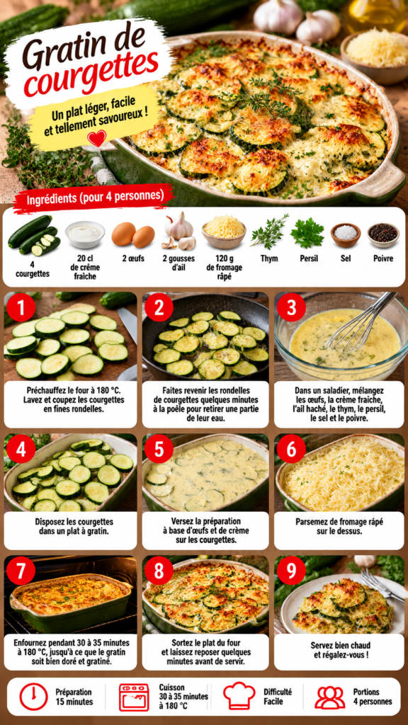 Gratin de courgettes doré au four, avec rondelles de courgettes fondantes, crème, œufs, ail et fromage gratiné.